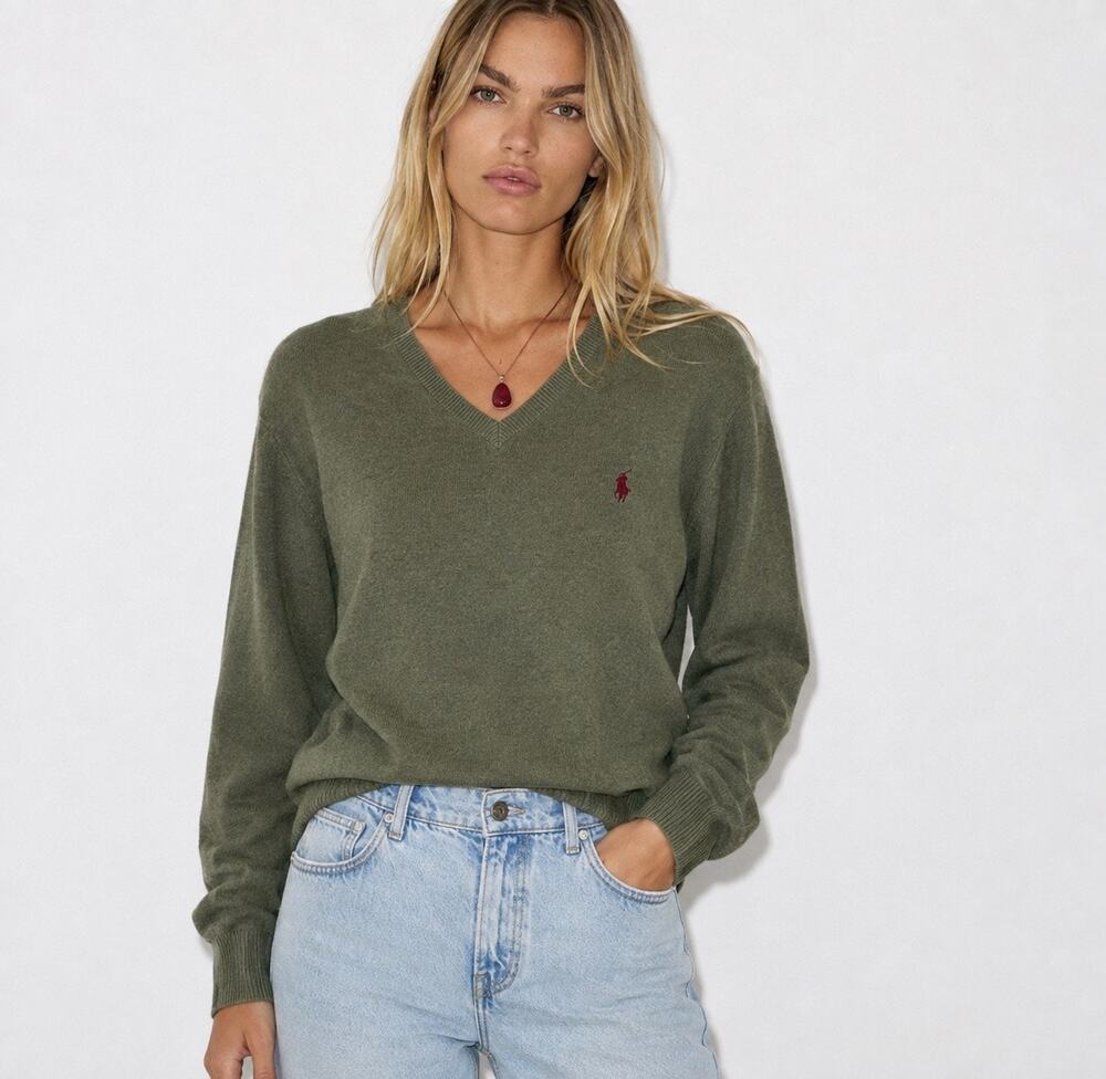 Vintage 90s Polo Ralph Lauren Pima Cotton V-Neck Sweater Sage Green M Unisex